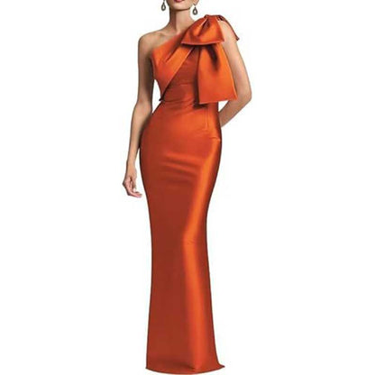 Satin Mermaid Wedding Ball Gown Bow Detail Single Shoulder Prom Dress