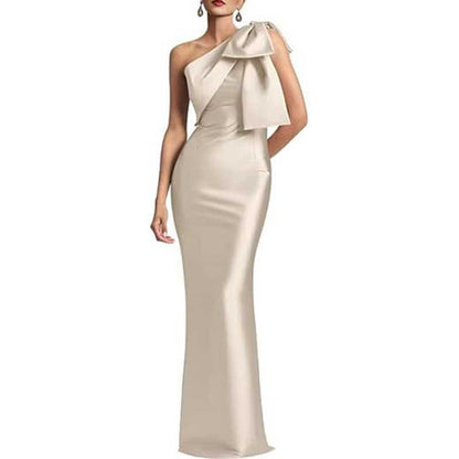 Satin Mermaid Wedding Ball Gown Bow Detail Single Shoulder Prom Dress