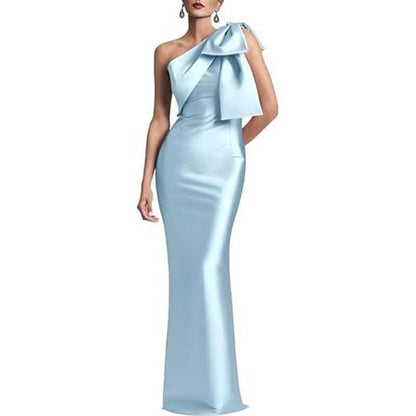 Satin Mermaid Wedding Ball Gown Bow Detail Single Shoulder Prom Dress