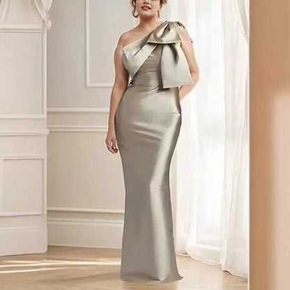 Satin Mermaid Wedding Ball Gown Bow Detail Single Shoulder Prom Dress