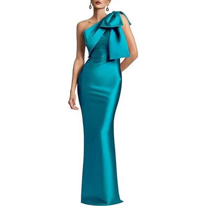 Satin Mermaid Wedding Ball Gown Bow Detail Single Shoulder Prom Dress