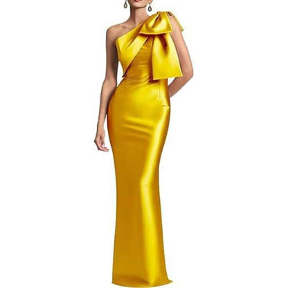 Satin Mermaid Wedding Ball Gown Bow Detail Single Shoulder Prom Dress