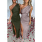 One Shoulder Satin High Split Maxi Dress Wedding Guest Dress