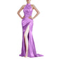 Halter Satin Fitted Prom Dress Split Long Bridesmaid Dress