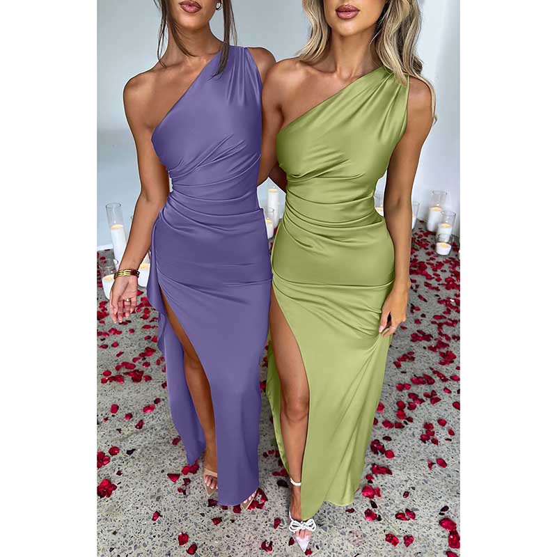 One Shoulder Satin High Split Maxi Dress Wedding Guest Dress