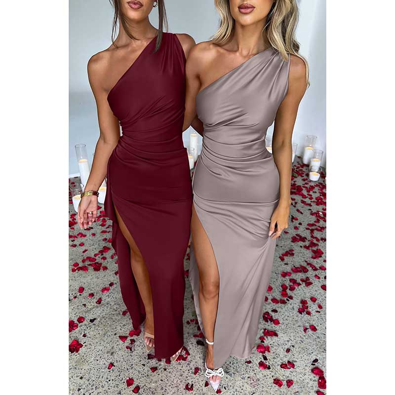 One Shoulder Satin High Split Maxi Dress Wedding Guest Dress