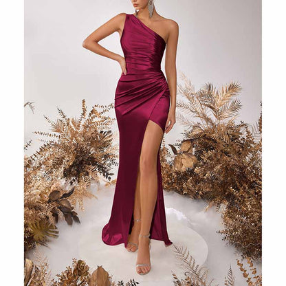 Sleeveless One Shoulder Satin Prom Dress with Split