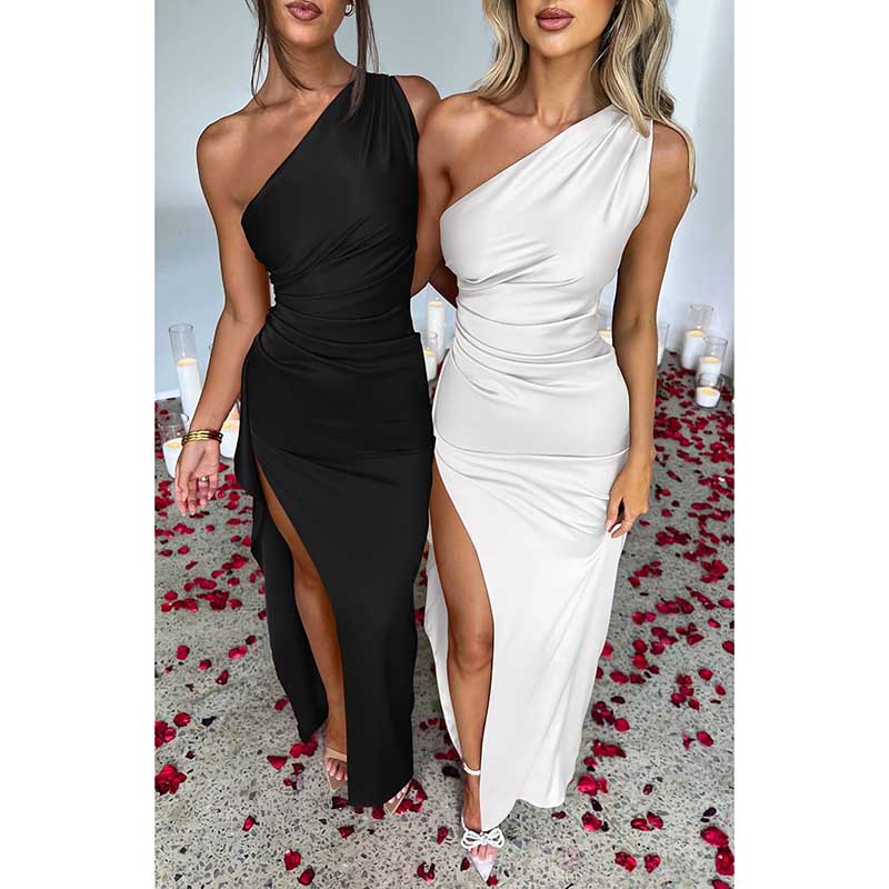 One Shoulder Satin High Split Maxi Dress Wedding Guest Dress