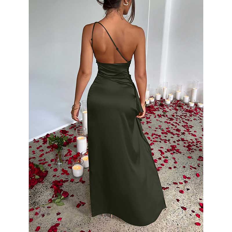 One Shoulder Satin High Split Maxi Dress Wedding Guest Dress