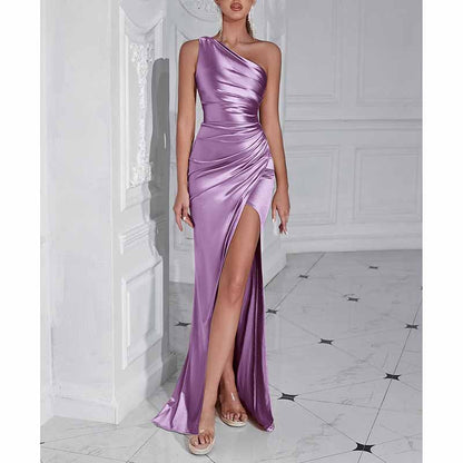 Sleeveless One Shoulder Satin Prom Dress with Split