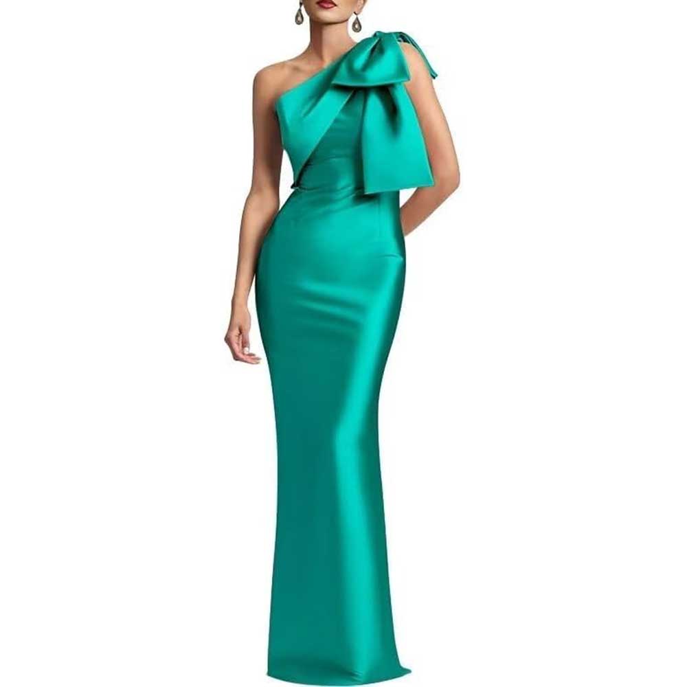 One Shoulder Satin Long Prom Dress Bow Mermaid Bridesmaid Dresses Floor Evening Party Gowns