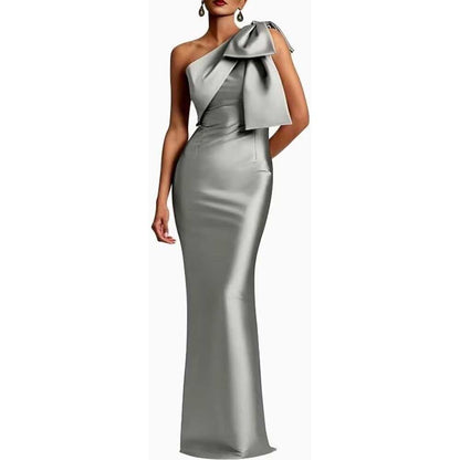 One Shoulder Satin Long Prom Dress Bow Mermaid Bridesmaid Dresses Floor Evening Party Gowns