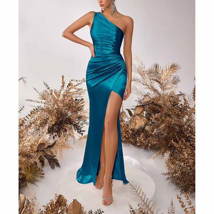 Sleeveless One Shoulder Satin Prom Dress with Split