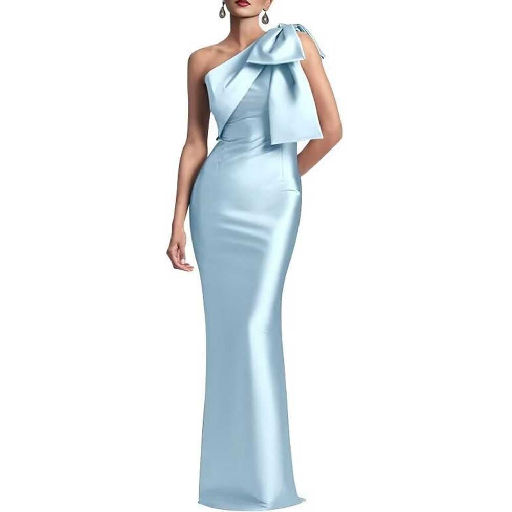 One Shoulder Satin Long Prom Dress Bow Mermaid Bridesmaid Dresses Floor Evening Party Gowns