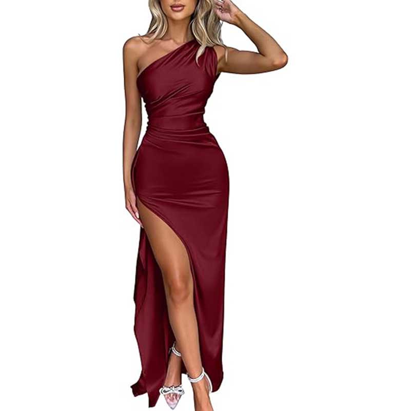 One Shoulder Satin High Split Maxi Dress Wedding Guest Dress