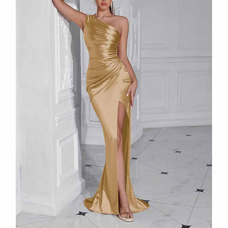 Sleeveless One Shoulder Satin Prom Dress with Split