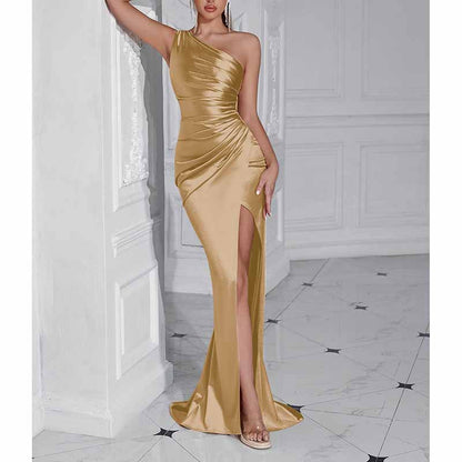 Sleeveless One Shoulder Satin Prom Dress with Split