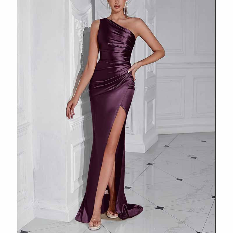 Sleeveless One Shoulder Satin Prom Dress with Split