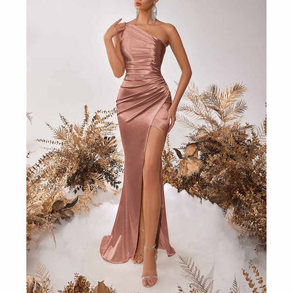 Sleeveless One Shoulder Satin Prom Dress with Split