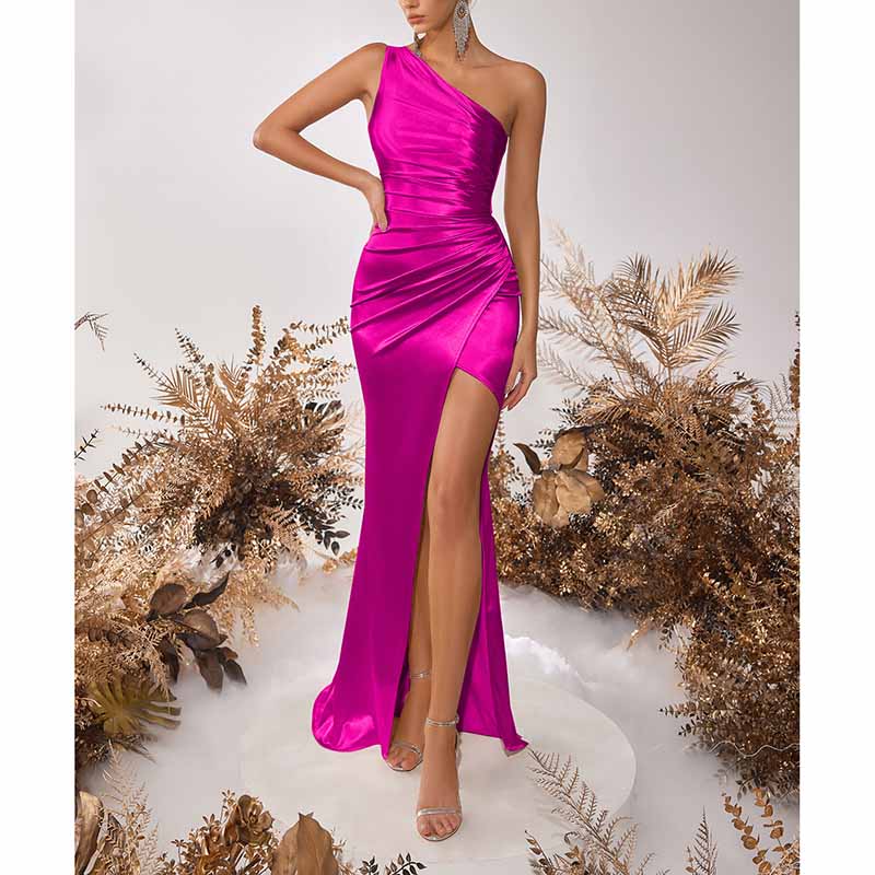Sleeveless One Shoulder Satin Prom Dress with Split