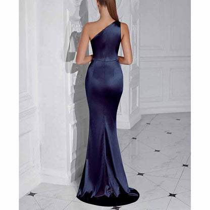 Sleeveless One Shoulder Satin Prom Dress with Split