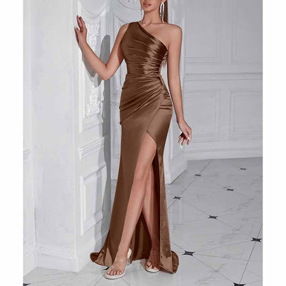 Sleeveless One Shoulder Satin Prom Dress with Split