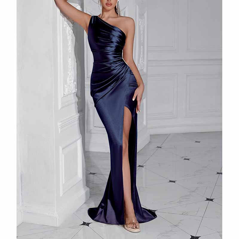Sleeveless One Shoulder Satin Prom Dress with Split