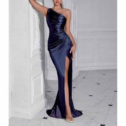 Sleeveless One Shoulder Satin Prom Dress with Split