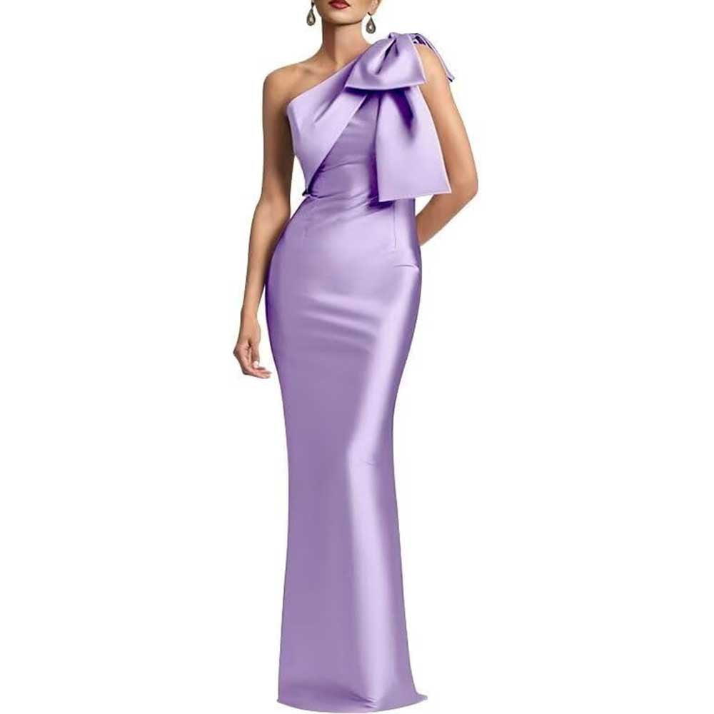 One Shoulder Satin Long Prom Dress Bow Mermaid Bridesmaid Dresses Floor Evening Party Gowns