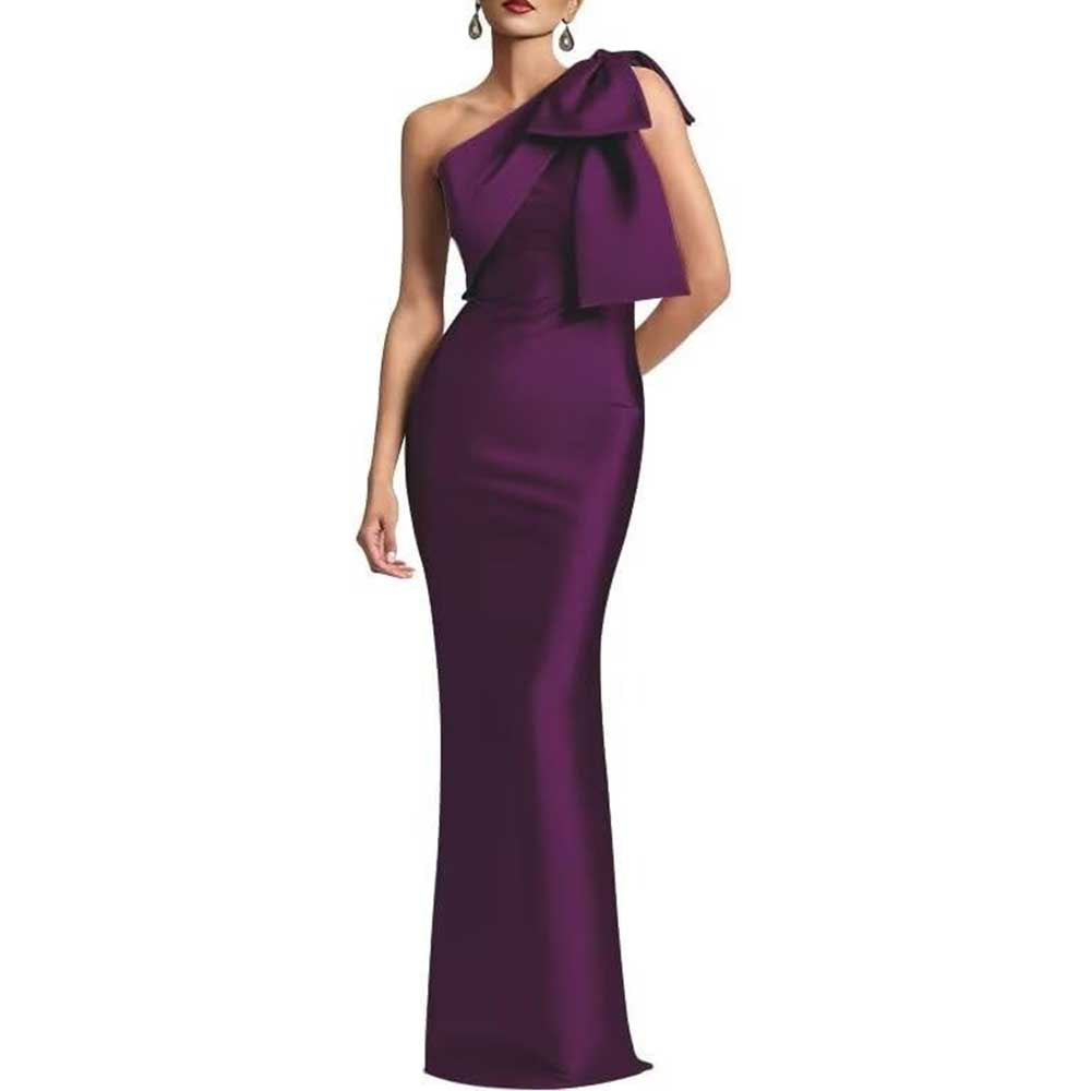 One Shoulder Satin Long Prom Dress Bow Mermaid Bridesmaid Dresses Floor Evening Party Gowns