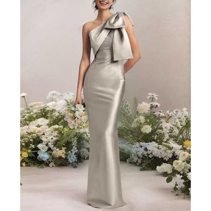 One Shoulder Satin Long Prom Dress Bow Mermaid Bridesmaid Dresses Floor Evening Party Gowns