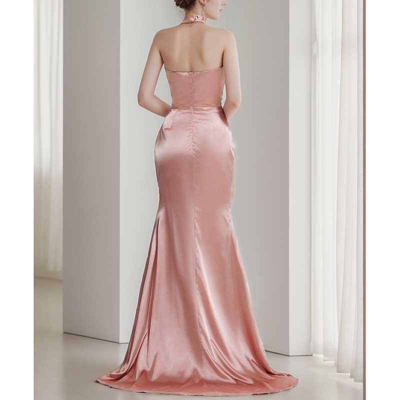 Halter Satin Fitted Prom Dress Split Long Bridesmaid Dress