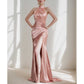 Halter Satin Fitted Prom Dress Split Long Bridesmaid Dress