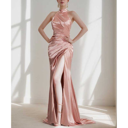 Halter Satin Fitted Prom Dress Split Long Bridesmaid Dress