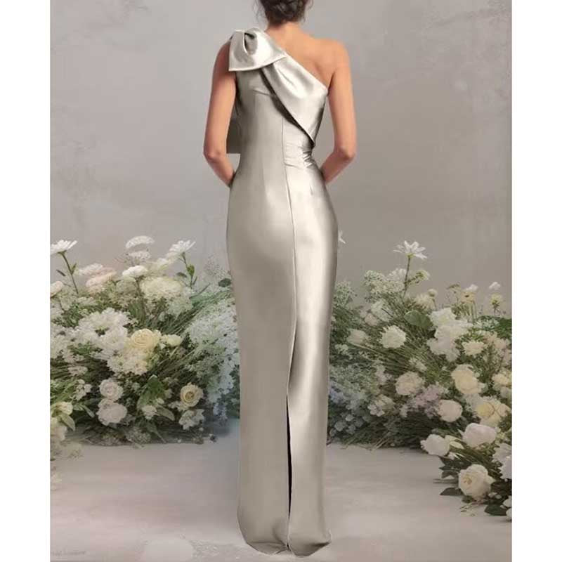 One Shoulder Satin Long Prom Dress Bow Mermaid Bridesmaid Dresses Floor Evening Party Gowns