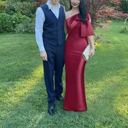 One Shoulder Satin Long Prom Dress Bow Mermaid Bridesmaid Dresses Floor Evening Party Gowns