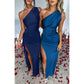 One Shoulder Satin High Split Maxi Dress Wedding Guest Dress