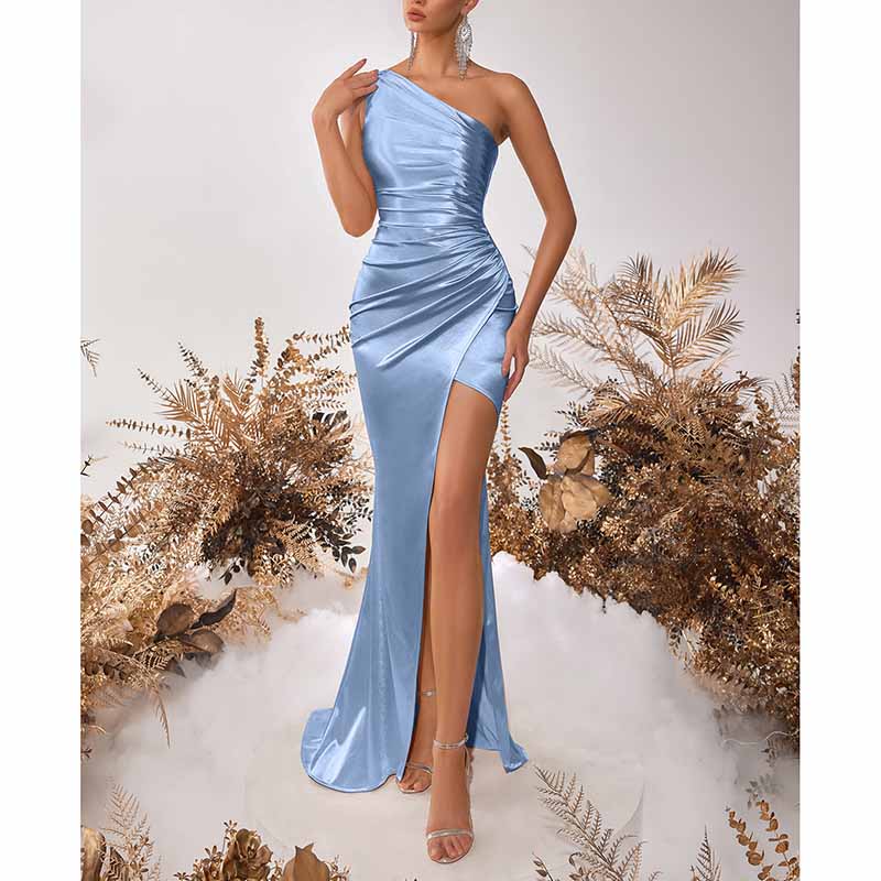 Sleeveless One Shoulder Satin Prom Dress with Split