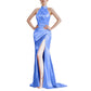 Halter Satin Fitted Prom Dress Split Long Bridesmaid Dress