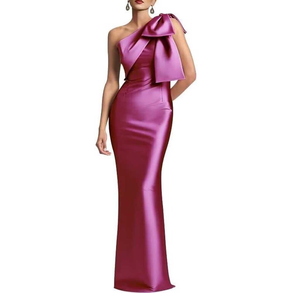 One Shoulder Satin Long Prom Dress Bow Mermaid Bridesmaid Dresses Floor Evening Party Gowns