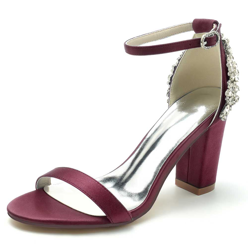 Burgundy wedding sandals for brides with ankle strap featuring elegant embellishments and block heels