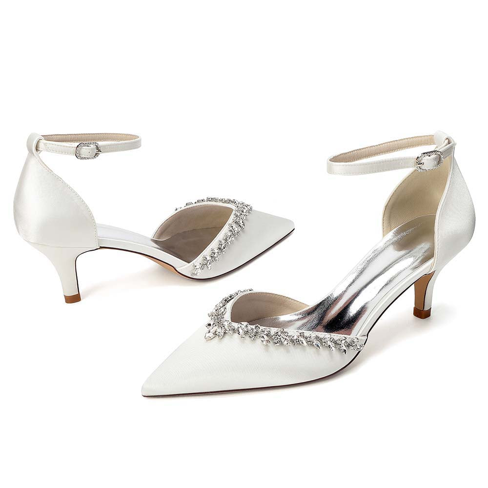 Women's Satin Wedding Shoes with Ankle Strap Rhinestone Embellished