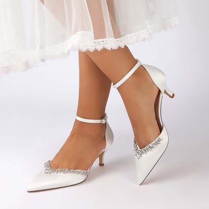 Women's Satin Wedding Shoes with Ankle Strap Rhinestone Embellished