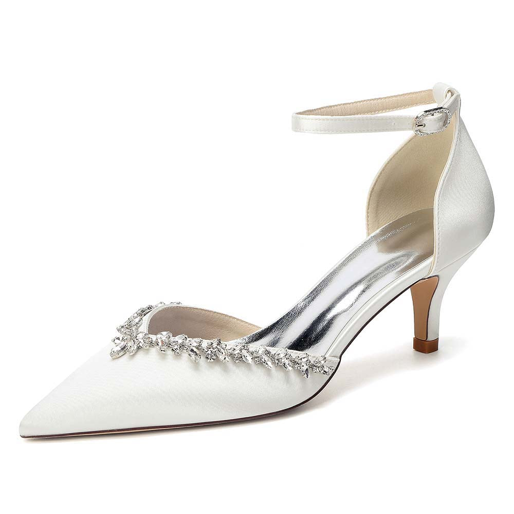 Women's Satin Wedding Shoes with Ankle Strap Rhinestone Embellished
