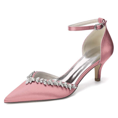 Women's Satin Wedding Shoes with Ankle Strap Rhinestone Embellished