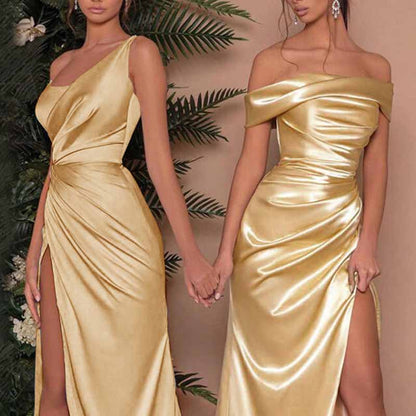 Satin Bridesmaid Dresses One Shoulder Ruched Formal Evening Gown