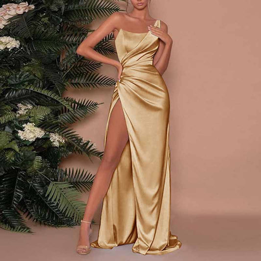 Satin Bridesmaid Dresses One Shoulder Ruched Formal Evening Gown