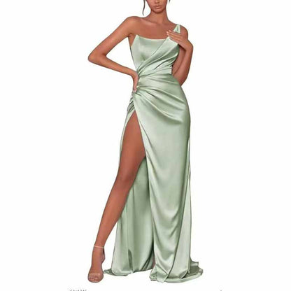 Satin Bridesmaid Dresses One Shoulder Ruched Formal Evening Gown