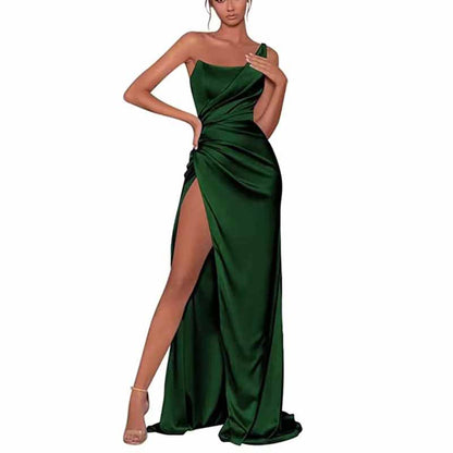 Satin Bridesmaid Dresses One Shoulder Ruched Formal Evening Gown