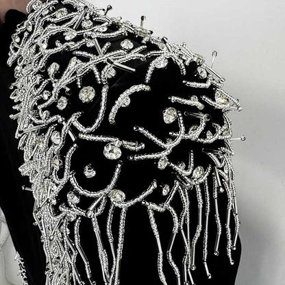 Long Black Beaded Dress Long Sleeve Satin Mermaid Ball Gown